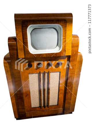Old TV isolated on white background. Wooden tube first TV. Old TV isolated on white background. Wooden tube first TV. 117771373