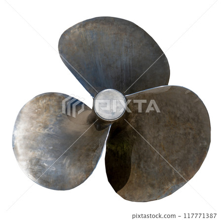 Ship screw. Metal blade isolated on white background. Three blades silver propeller cutout close-up. 117771387