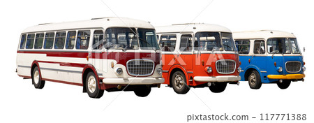 Old bus isolated on white background. Bright multi-colored retro transport three buses 117771388
