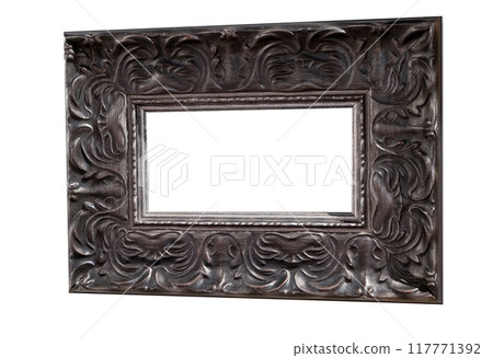 Empty frame for a picture or photo. Isolate with place for text. Silver black frame isolated on white background. Layout template 117771392