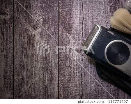 The shave and brush on wood table men concept. The shave and brush on wood table men concept. 117771407