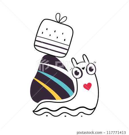 Cute Snail Character with Shell Carrying Gift Box on Its Back Vector Illustration Cute Snail Character with Shell Carrying Gift Box on Its Back Vector Illustration 117771413