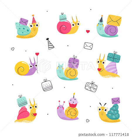 Cute Snail Character with Shell Carrying Gift Box and Cupcake on Its Back Vector Set Cute Snail Character with Shell Carrying Gift Box and Cupcake on Its Back Vector Set 117771418