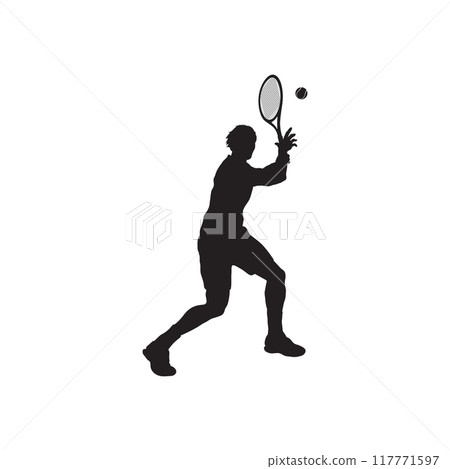 Black silhouettes of tennis players on a white background 117771597
