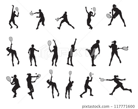 Black silhouettes of tennis players on a white background 117771600