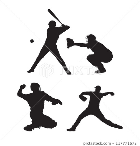 Baseball catcher, batter and umpire in ready position to playing. Baseball Home Plate umpire, catcher, batter at work on baseball field detailed realistic silhouette 117771672