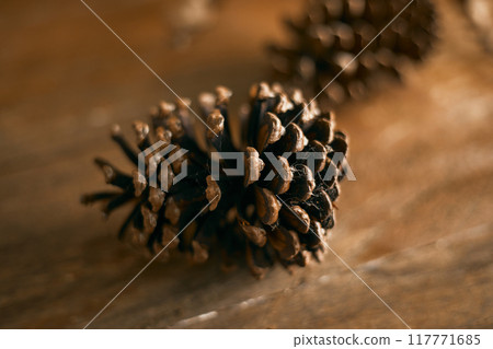 Close up pine cones on beige background Close up pine cones on beige background 117771685