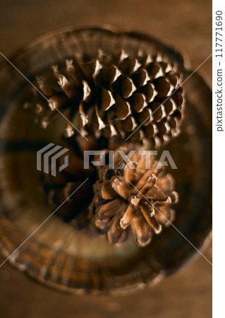 Close up pine cones on beige background 117771690