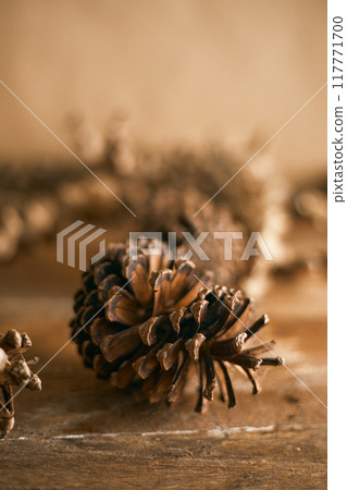 Close up pine cones on beige background Close up pine cones on beige background 117771700