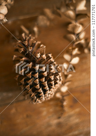 Close up pine cones on beige background Close up pine cones on beige background 117771701