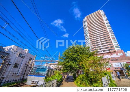 Yokohama cityscape in Japan in August. SOTETSU - View of Tsurugamine Station, trains, high-rise apartment buildings, etc. - August 25, 2024 117771706