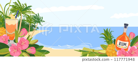 Panoramic horizontal view from tropical island. Vector template for tourist invitations. Paradise lagoon for relaxation. Beach, palms, cocktail, rum, ocean, pineapple, hibiscus flowers in flat style. 117771948