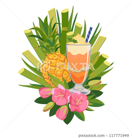 Vector composition with refreshing cocktail, pineapple and tropical flowers. Ice cream illustration for beach bar menu. Cruise vacation, summer holidays, party, cafe, vacation. 117771949