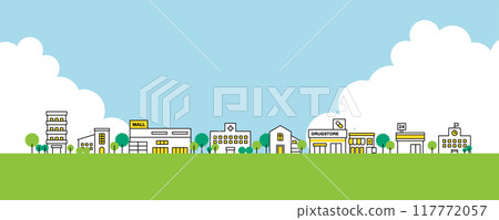 Illustration material of a simple and cute downtown area, including shopping centers, convenience stores, and hospitals 117772057