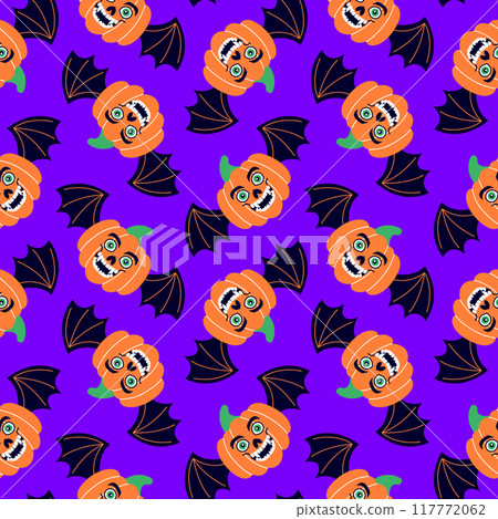 Seamless pattern with Halloween pumpkins with bat wings on violet background. Seamless pattern with Halloween pumpkins with bat wings on violet background. 117772062