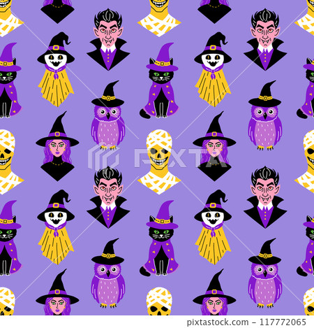 Seamless pattern with cute characters in simple style. Halloween theme. 117772065
