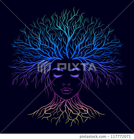 The face of a woman with a growing tree on her head. Gradient colors. 117772071