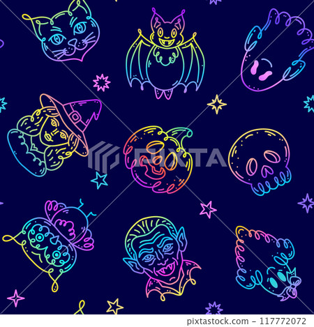Seamless pattern with characters in doodle style on the theme of the Halloween holiday. Gradient colors. Seamless pattern with characters in doodle style on the theme of the Halloween holiday. Gradient colors. 117772072