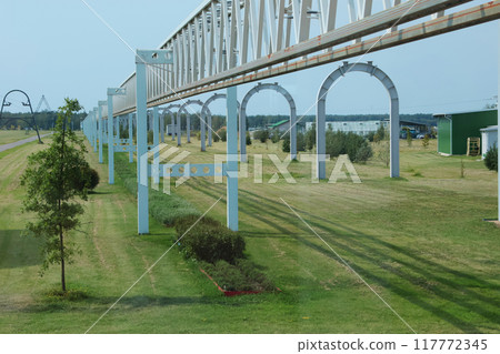 Supports of String-Rail Expressway. Modern technologies, transportation of future. Alternative transportation. Experimental place in Belarus.  117772345