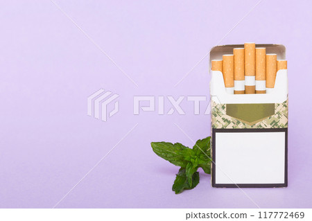 Pack of menthol cigarettes and fresh mint on colored table, Menthol cigarettes top view flat lay 117772469