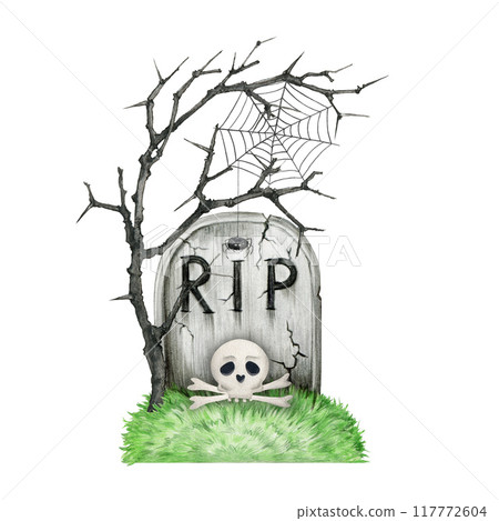 Old stone grave with scull, bones, old growing tree, spider web painted illustration. Hand drawn gravestone spooky Halloween element. Old stone tomb with rip sign scary Halloween symbol isolated Old stone grave with scull, bones, old growing tree, spider web painted illustration. Hand drawn gravestone spooky Halloween element. Old stone tomb with rip sign scary Halloween symbol isolated 117772604