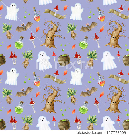 Halloween decor elements seamless pattern. Hand drawn ghosts, magic potion bottle, bat, toadstool, mandrake elements. Halloween collection for textile, wallpaper, printing, banners seamless pattern 117772609