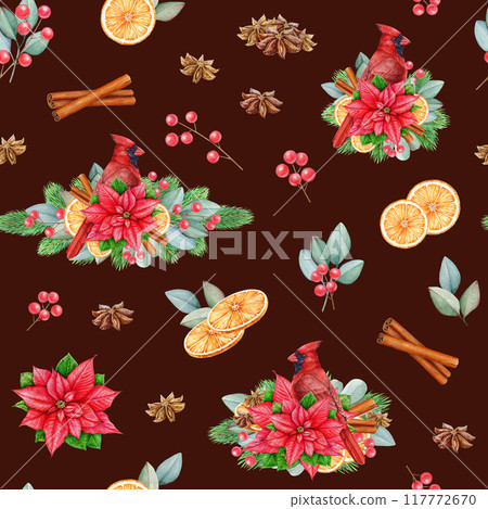 Winter mood festive seamless pattern for printing, textile, wrapping paper. Watercolor illustration. Painted winter floral decor with pine twigs, eucalyptus, cinnamon, cardinal bird. Dark background Winter mood festive seamless pattern for printing, textile, wrapping paper. Watercolor illustration. Painted winter floral decor with pine twigs, eucalyptus, cinnamon, cardinal bird. Dark background 117772670