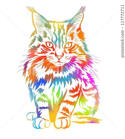 Beautiful colored cat. Rainbow Maine Coon cat. hand drawing. Not AI, Vector illustration Beautiful colored cat. Rainbow Maine Coon cat. hand drawing. Not AI, Vector illustration 117772711