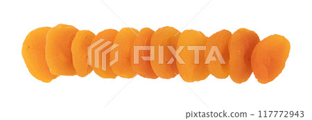 heap of dried apricots isolated on white background heap of dried apricots isolated on white background 117772943