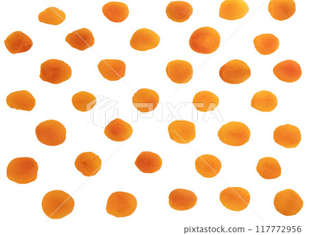 pattern of dried apricots on white background pattern of dried apricots on white background 117772956