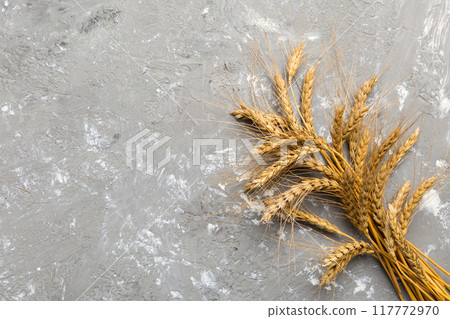Sheaf of wheat ears close up and seeds on colored background. Natural cereal plant, harvest time concept. Top view, flat lay with copy space. world wheat crisis Sheaf of wheat ears close up and seeds on colored background. Natural cereal plant, harvest time concept. Top view, flat lay with copy space. world wheat crisis 117772970
