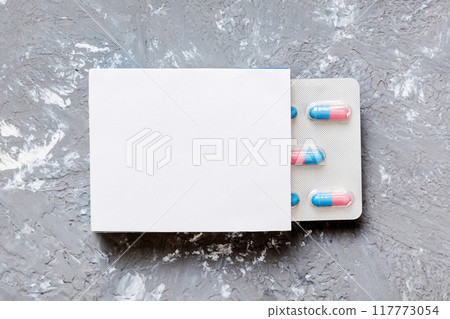 Blank White Product Package Box Mock-up. Open blank medicine drug box with blister top view 117773054