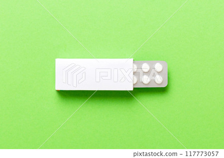 Blank White Product Package Box Mock-up. Open blank medicine drug box with blister top view 117773057