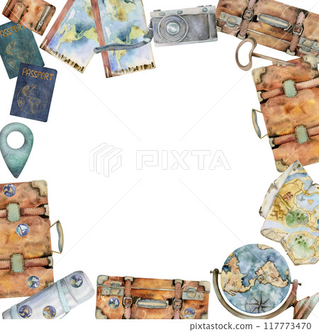 Old vintage suitcases, photo camera, map, flask. globe passport id, ticket card pass. Watercolor hand drawn illustration. Square frame. Design tourism, travel brochure, booklet, wedding guide, print. 117773470
