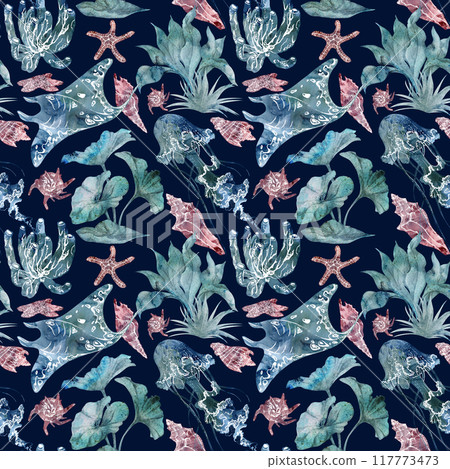 Watercolor and ink hand drawn marine life, sea ocean underwater creatures. fish, shells algae seaweed. Seamless pattern illustration, stylized, isolated on dark. Zoo shop, aquarium, cosmetics, resort 117773473