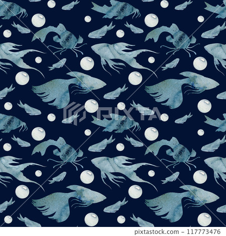 Watercolor and ink hand drawn marine life, sea ocean underwater creatures. fish, shells algae seaweed. Seamless pattern illustration, stylized, isolated on dark. Zoo shop, aquarium, cosmetics, resort 117773476