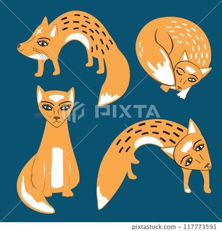 Set of sweet walking foxes in naive hand drawn style. Cartoon animal drawing, vector illustration . Foxy spirit with big eyes Set of sweet walking foxes in naive hand drawn style. Cartoon animal drawing, vector illustration . Foxy spirit with big eyes 117773591