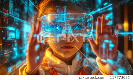 A young girl wars VR glasses, engaged in an online educational experience. The concept of the future of learning, technology in education, and immersive virtual reality for kids. Generative AI. A young girl wars VR glasses, engaged in an online educational experience. The concept of the future of learning, technology in education, and immersive virtual reality for kids. Generative AI. 117773625