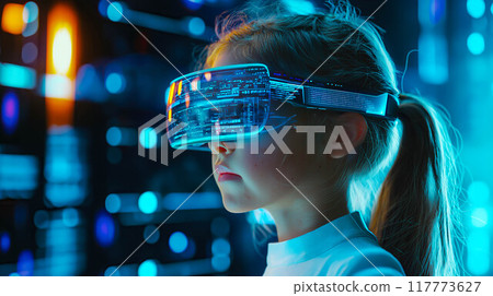A young girl wars VR glasses, engaged in an online educational experience. The concept of the future of learning, technology in education, and immersive virtual reality for kids. Generative AI. 117773627