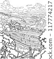 Coloring book. Landscape with country fields and house. 117774217