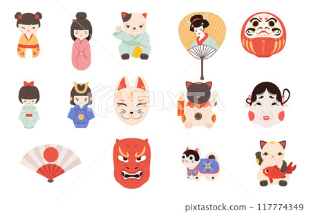 Cartoon japanese symbols. Maneki neko cats, paper fan, japan masks and traditional dolls. Asian style toys and culture symbols, snugly vector set 117774349