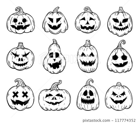 Doodle halloween pumpkins. Funny pumpkin scary faces icons. Autumn harvest party characters, cartoon monsters. Festive decorations neoteric vector set 117774352