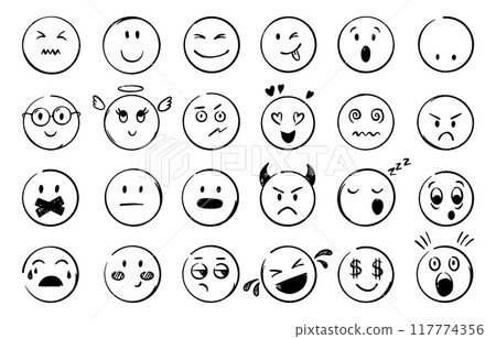 Doodle emoticons. Emotional faces hand drawn style. Different mood, happy confused angry crying surprised. Comic face neoteric vector clipart 117774356