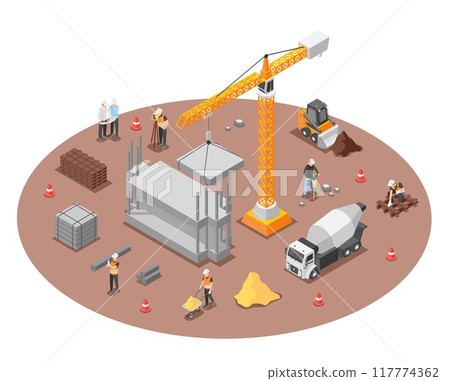 Isometric building construction. 3d scene of workers and special transport, bulldozer and truck crane. Build yard ground, flawless vector scene 117774362