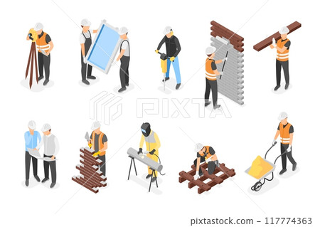 Isometric builders. Construction workers painting wall carry window, measure space, do bricks laying and welding pipe, flawless vector set 117774363