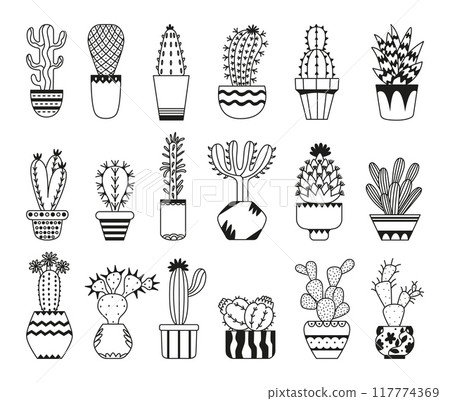 Hand drawn cacti. Doodle cactus in different decorative pots. House garden elements, succulents, desert plants. Isolated linear neoteric vector set Hand drawn cacti. Doodle cactus in different decorative pots. House garden elements, succulents, desert plants. Isolated linear neoteric vector set 117774369