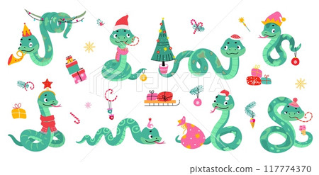 Cartoon christmas snakes. Cute snake with xmas gifts, fir tree, decorative elements. Animals in new year costumes, santa hats, nowaday vector set Cartoon christmas snakes. Cute snake with xmas gifts, fir tree, decorative elements. Animals in new year costumes, santa hats, nowaday vector set 117774370