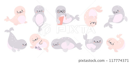 Funny polar seal. Baby arctic animal eat read play. Children mascots, underwater mammals funny characters. Sea ocean animals nowaday vector clipart Funny polar seal. Baby arctic animal eat read play. Children mascots, underwater mammals funny characters. Sea ocean animals nowaday vector clipart 117774371