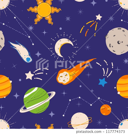 Universe seamless pattern. Planets sun moon constellations and stars. Abstract space objects and meteorit. Childish textile print, wrapping vector design 117774373