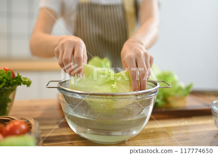 Close up shot of woman washing lettuce while preparing healthy vegan salad in kitchen Close up shot of woman washing lettuce while preparing healthy vegan salad in kitchen 117774650